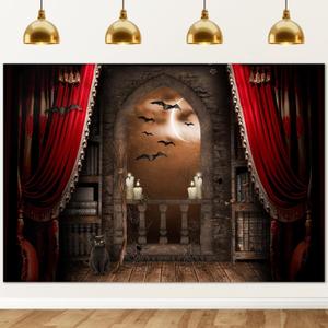 Avezano Halloween Photography Backdrop Magical Broom Vampires Medieval Castle Background Spooky Witch Bats Mid Century Vintage Child Kids Photoshoot Photo Studio Booth Decorations (Orange, 8x6ft)