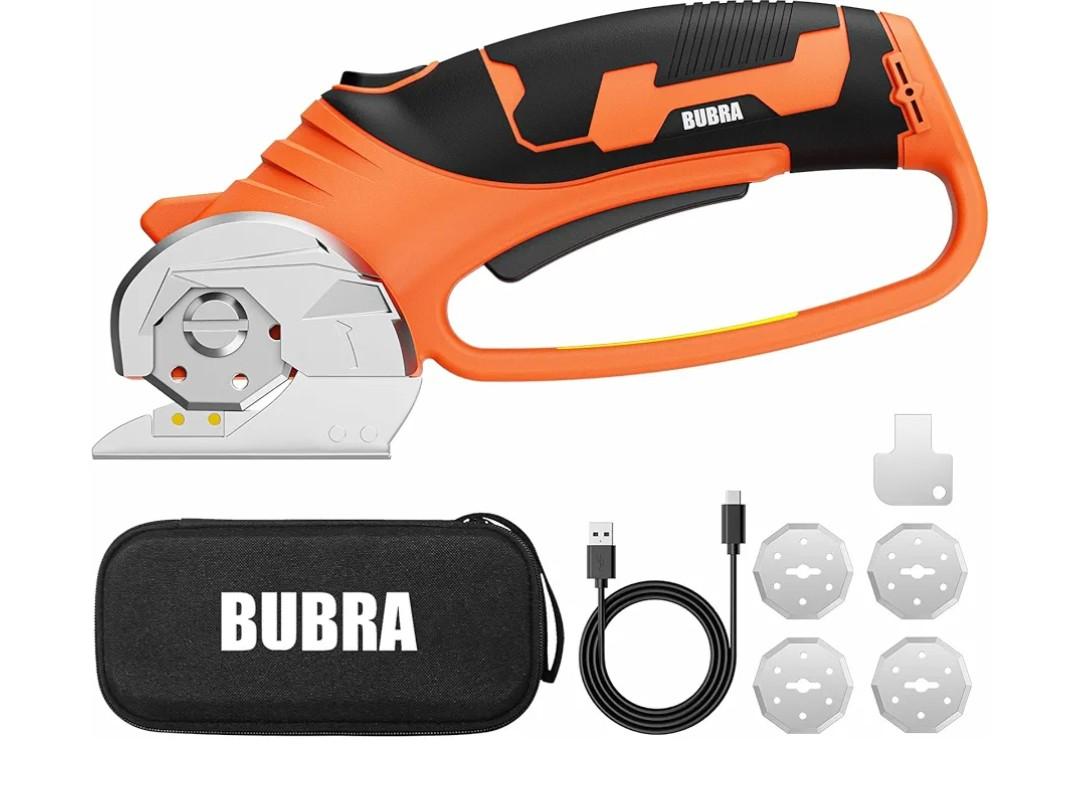 BUBRA Cordless Electric Scissors, 4V Cardboard Cutter with 4 Blades, Rechargeable Box Cutter up to 1/3", with Storage Bag, Safety Lock & LED Light, Electric Scissors for Cardboard, Fabric & Carpet