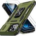 DEERLAMN Case for iPhone 15 with Slide Camera Cover + Screen Protector (2 Packs), Rotated Ring Kickstand Military Grade Shockproof Protective Cover-Olive Green