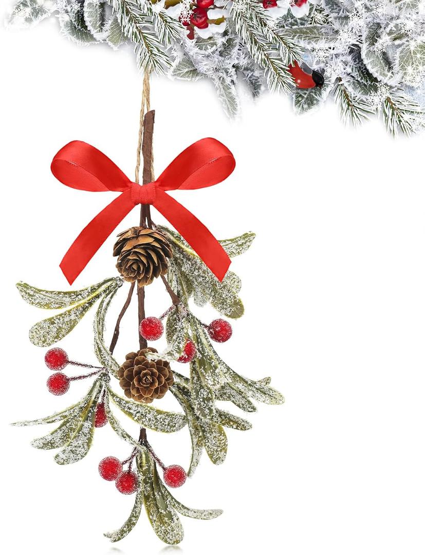 Giegxin 1 Piece Christmas Artificial Mistletoe Ornament with Red Bow Christmas Hanging Mistletoe Decoration Bouquet Floral Natural Pine Cones Holiday Decoration Ornament Bouquet (Stylish Style)