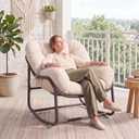Papasan Rocking Chair with Cushion Set, Indoor Outdoor All-Weather Wicker Rattan Lounge Recliner, 450 lbs Heavy Duty Patio Egg Chair for Living Room Balcony Porch Garden,Beige