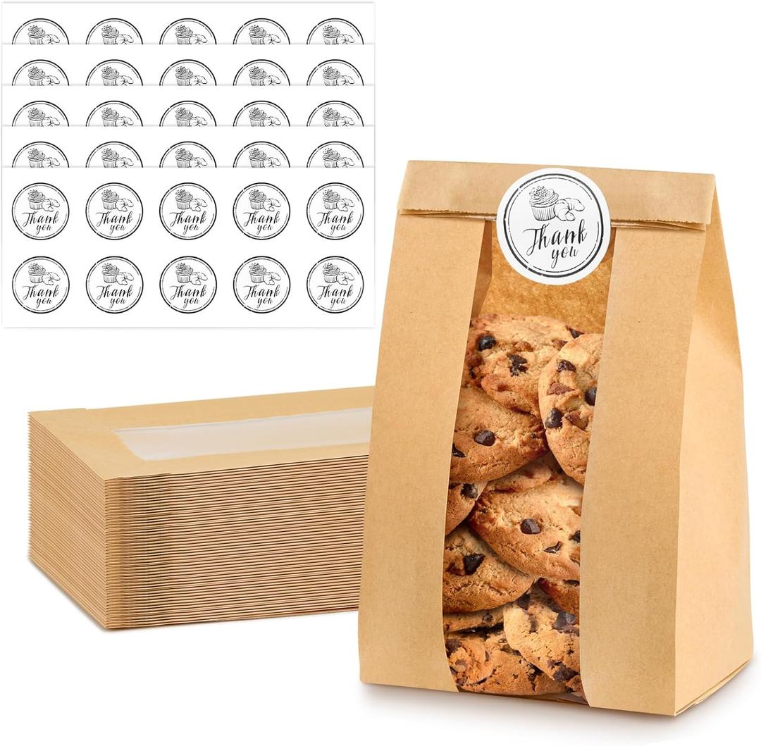 Ocmoiy 100Pcs Cookie Bags with Window, 3.5x2.3x7.5 Inch Kraft Paper Bakery Bags with Thank You Stickers for Snack, Popcorn, Coffee Bean, Party Favor, Cookie Packaging