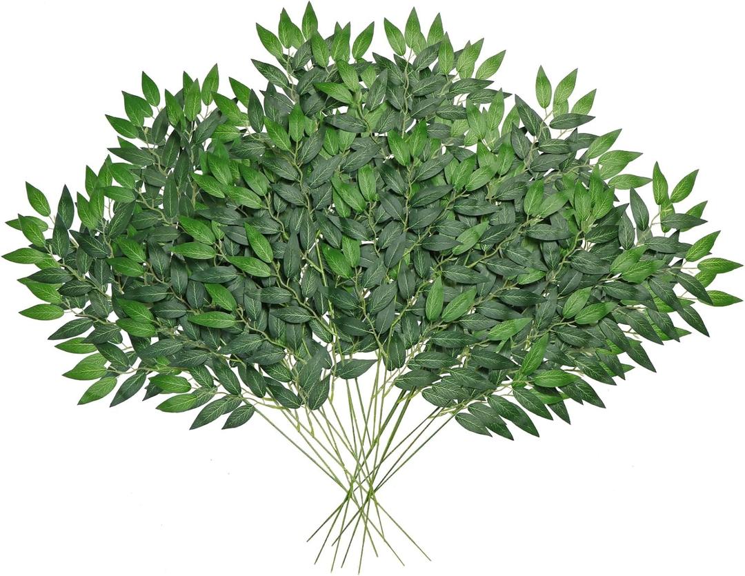 Betylifoy 12Pcs Artificial Italian Ruscus Greenery Stems, 25" Faux Silk Green Leaves Vines Garland Branches Hanging Greenery Spray for Wedding Arch Bouquet Filler Table Centerpieces Home Decor