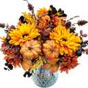 Artificial Fall Flowers Bouquet, 2 Packs Fall Fake Mums Pumpkin Flower Arrangements Decor for Home Wedding Bouquets Kitchen Table Vase Centerpieces Halloween Party Autumn Decoration