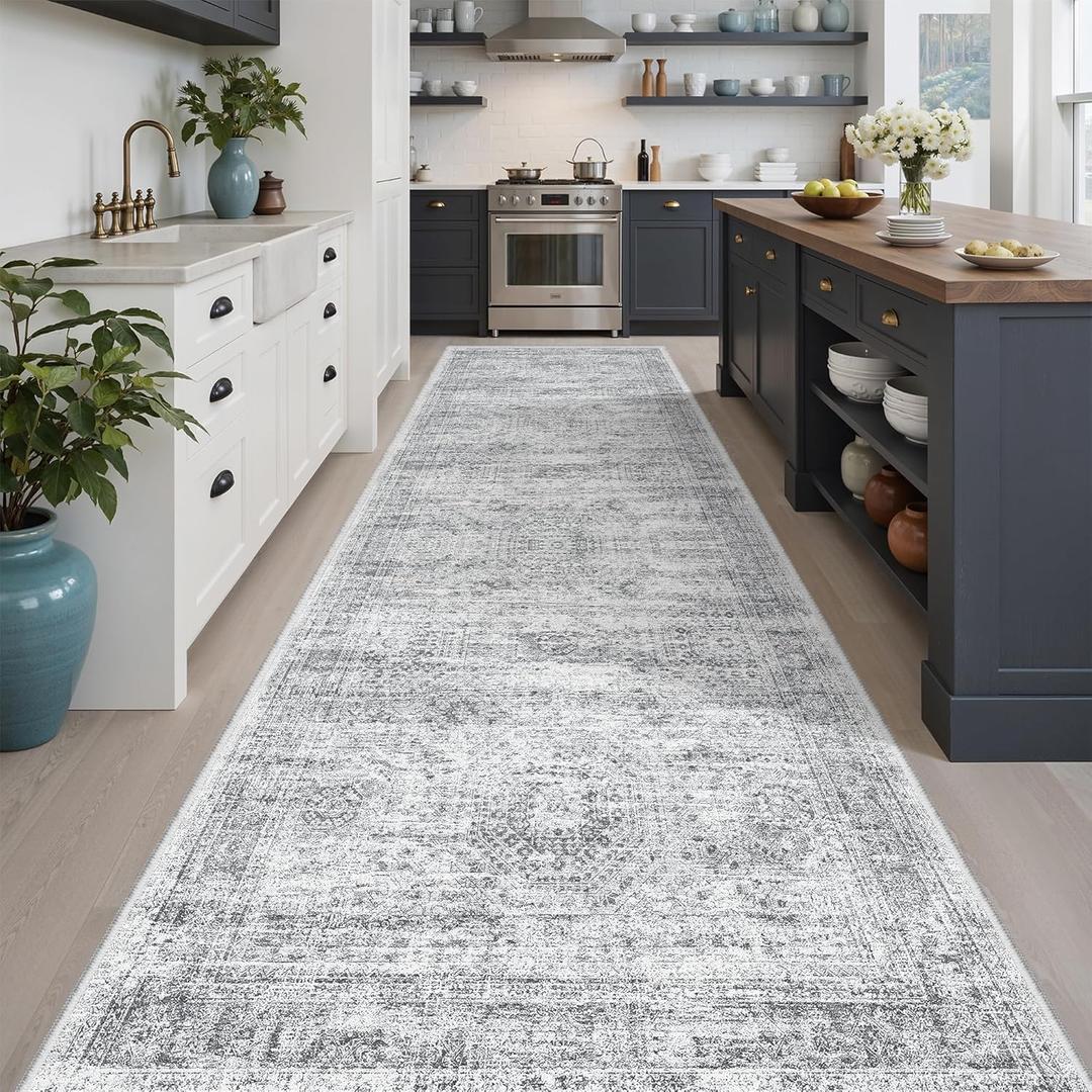 Soalmost Runner Rug 3x10 Washable Non-Slip Hallway Runner Rugs for Kitchen Bathroom Laundry Room Grey Vintage Floor Carpet Runners for Hallways Entryway
