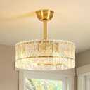 20" Gold Crystal Ceiling Fan with Light, Modern Caged Chandelier Fan with Lights and Remote, 6 Speeds Reversible Quiet DC Motor Fandelier for Dining Room Living Room, 4 x E12 Bulbs