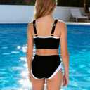 Kids4ever Girls Swimsuits Two Piece Color Block Teen Bathing Suits with Adjustable Straps Bikini Sets Size 9-16Y (9-10 Years, Black)