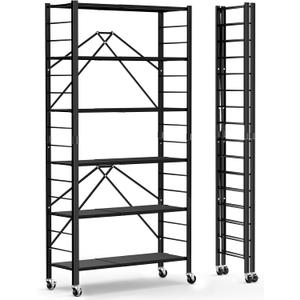 Himix 6 Tier Foldable Storage Shelves, Expandable Folding Bookshelf with Wheels, Changeable into 2 Shelf Units, Collapsible Adjustable Storage Rack Metal Shelves for Garage, Kitchen, Black