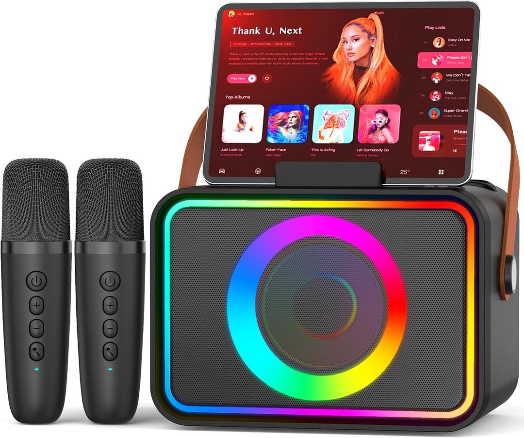 Karaoke Machine,Portable Bluetooth Speaker with 2 Wireless Microphone for Adults & Kids with LED Lights, Karaoke Microphone with PA System Supports USB/TF/AUX,Gift for Party (Black)