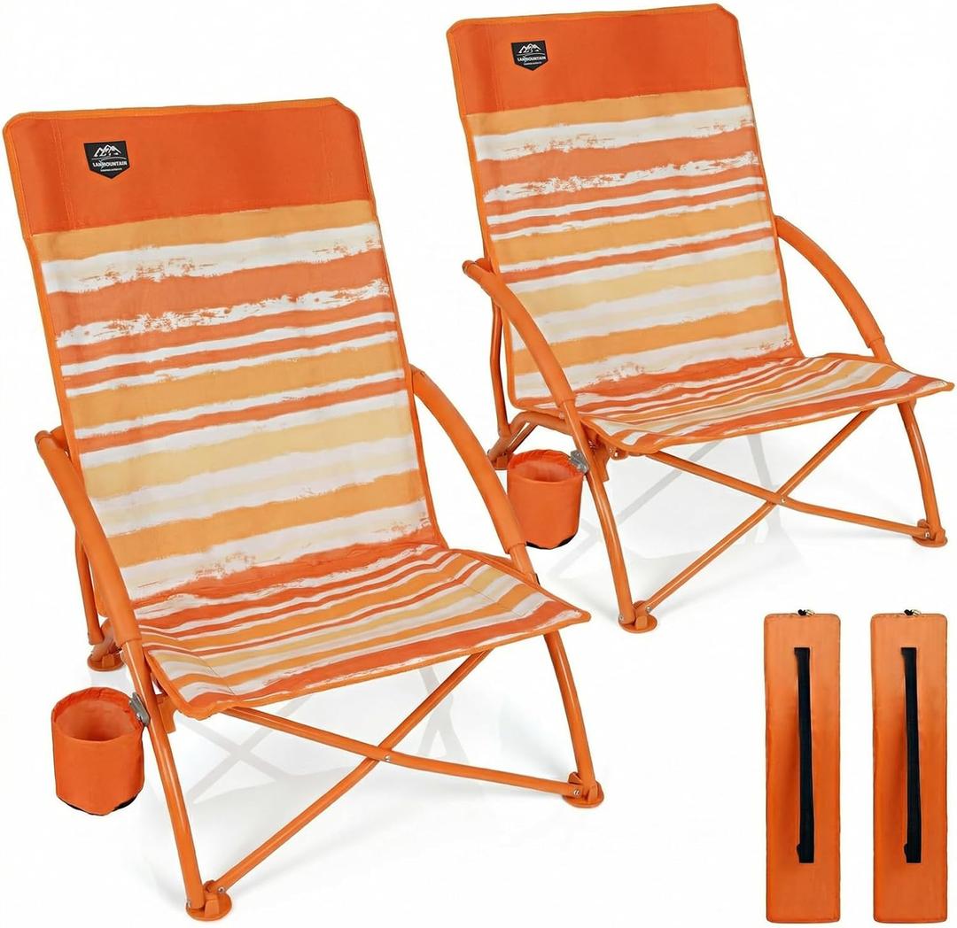 2 Pack Low Beach Chair,Folding Recliner Camping Chair for Adults,Lightweight Backpacking Low Seat Camping Chairs with Cup Holder,Carry Bag for Outdoor Camp Picnic Festival,Orange Strip