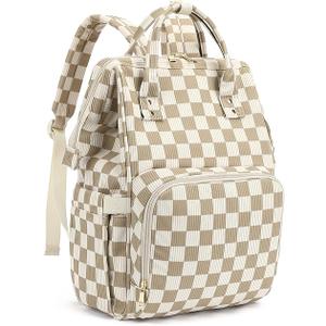 Laptop Backpack for Women, Corduroy College School Backpack Bookbag 15.6 inch Business Computer Travel Backpack (Checkered Brown)