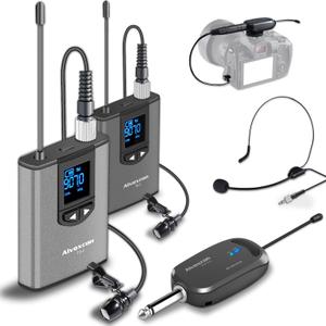Alvoxcon UHF Dual Channel Wireless Lavalier Microphone System with Volume Control for iPhone, DSLR, PA Speaker, YouTube, Podcast, Video Recording, Conference, Vlogging, Church, Interview, Teaching (Gray)
