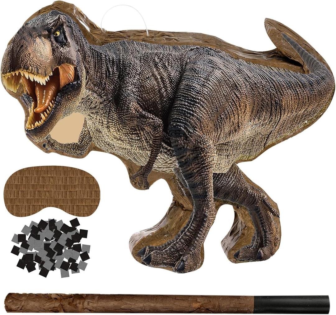Sotiff Dinosaur Piata, Piata with Stick Blindfold and Confetti Realistic Dinosaur World Party Decorations for Kids Birthday Party Game Supplies, 17 x 13.4 x 3 Inch(Tyrannosaurus)