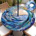 HunnmingRe Ocean Wave Round Outdoor Tablecloth with Umbrella Hole Zipper Waterproof Anti-Wrinkle Table Cover for Summer Patio Camping Party Car Rv Gardening Gifts Fit to 45"-53" Tables