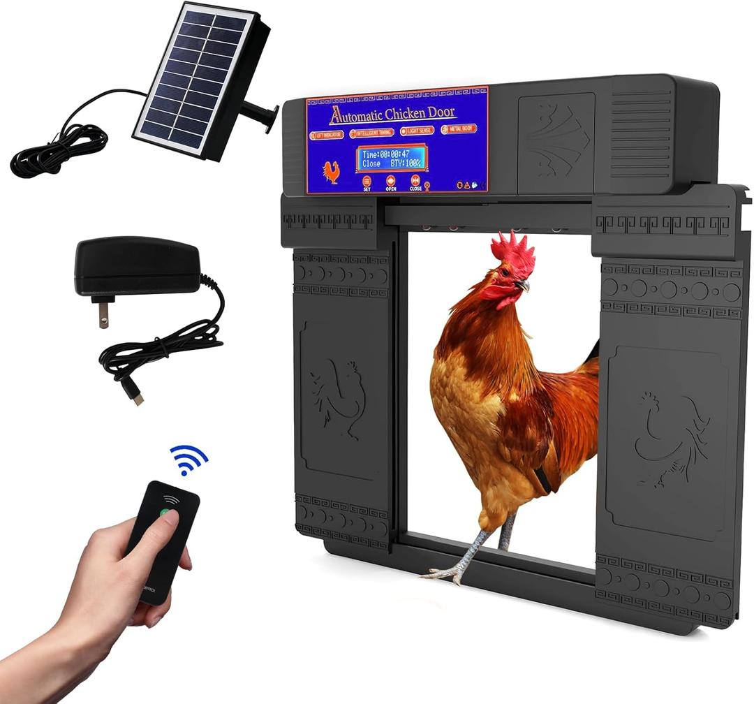 Solar Automatic Chicken Coop Door - Infrared Anti-Pinch Light Sensor & Remote Control Poultry Door for Chicken, Duck & Goose (Black)
