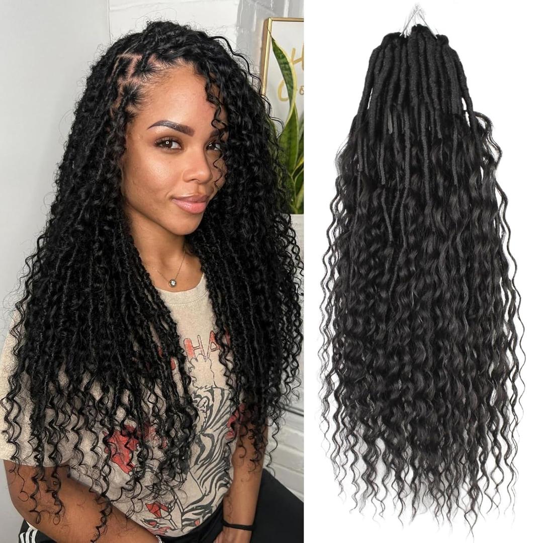 Knovotch Boho Faux Locs With Curly Pure Protein Fiber Close to Human Hair Curls 24 Inch Pre-Looped Crochet Goddess Faux Locs Bohemian Loc Crochet Hair For Women(24Inch 1B)