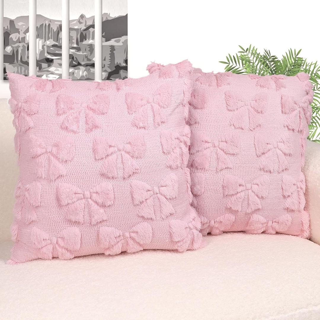 Coquette Room Decor-Bow Throw Pillow Covers 18x18in Set of 2,Pink Soft Plush Faux Fur Pillow Case with Bows for Large Couch Sofa Home Indoor Outdoor Holiday Decorations