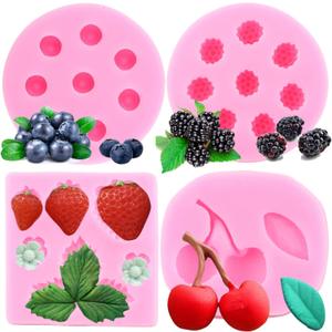 Zixiang Blueberry Raspberry Cherry Strawberry Cake Fondant Molds Berry Series Sugarcraft Gumpaste Silicone Mold for Chocolate Candy Cupcake Topper Decorating Polymer Clay Resin Set Of 4