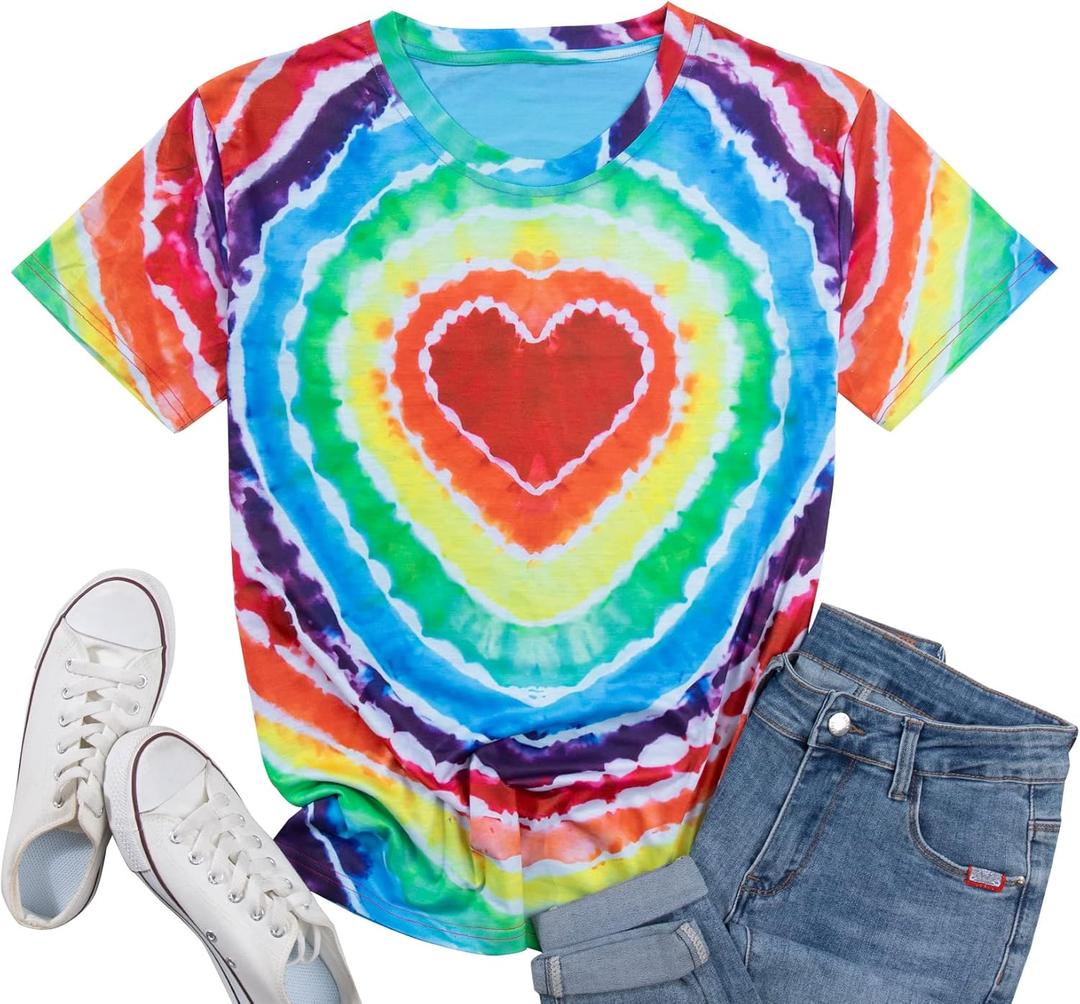 Pride Shirt Women LGBTQ Equality Shirts Rainbow Shirt Heart Graphic Tees Casual Summer Short Sleeve Tops (Medium, Multicolor-1)