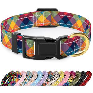 Reflective Dog Collar for Medium Dogs, Cute Boho Adjustable Heavy-Duty Nylon Puppy Collar for Boy and Girl Female, Soft Pet Accessories with Quick Release Buckle, Colorful Tartan (M (Neck 14-20", Width 1"))