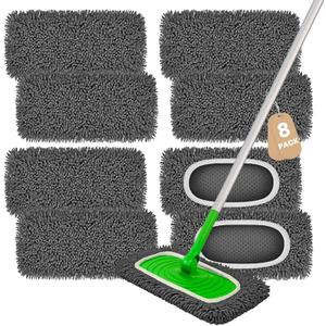 8 Pack Chenille Mop Pads, Reusable Microfiber Mop Refills for 10''12'' Flat Mops, Washable Wet & Dry Floor Pads for Hardwood, Tile, Compatible with Swiffer Sweeper(Gray)