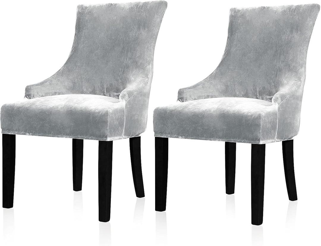 Lellen Velvet Stretch Wingback Chair Cover Slipcover - Reusable Protector Cover for Dining Room Banquet Home Decor etc Machine Washable Hand Washable (Silver Grey, 2PC)