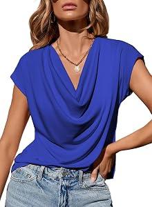 EVALESS Womens Tops Spring Outfits for Women Fashion 2026 Elegant Cowl Neck Short Sleeve T Shirts Blouses for Women Dressy Casual Sexy Off Shoulder Summer Clothes Basic Teacher Shirts, Blue, Size Medium