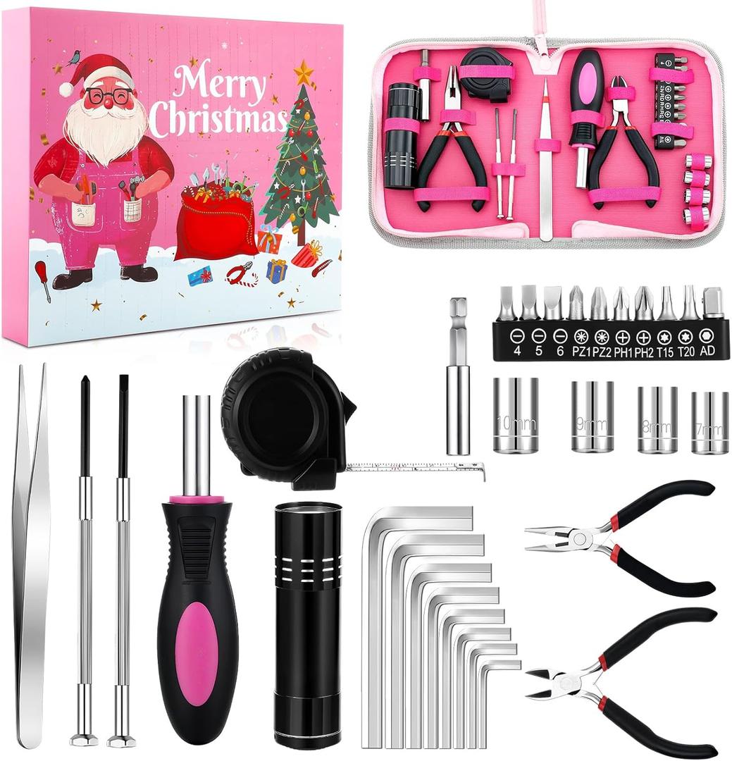 24 Pcs 2025 Pink Christmas Advent Calendar for Teen Girls Women 24 Days Pink Tool Advent Calendar Household Hand Tool Kit Mini Repair Set for Women Household and Office Christmas Xmas Gifts