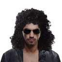 Cexin Men's Rocker Wig 70s 80s Men's Party Fancy Dress Halloween Wig Long Curly Black Mullet Rockstar Wig Fashion Smart Rocker Style Wigs Costume Hair Accessory Anime wig Beard stickers