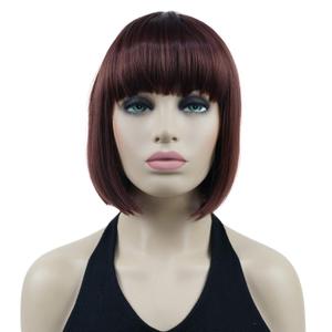 Lydell 8" Straight Short Bob Hair Flat Bangs Cute Central Dot Skin Top Heat Resistant Synthetic Wigs (33A Dark Auburn)