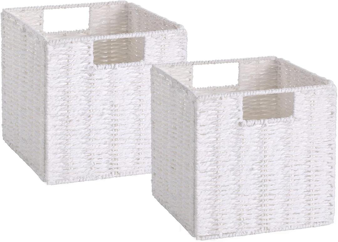 Vagusicc Wicker Storage Basket, Set of 2 Hand-Woven Storage Baskets for Organizing, Foldable Cube Storage Bins, 11 Inch Wicker Storage Baskets for Shelves and Decor, Square Closet Organizer, White