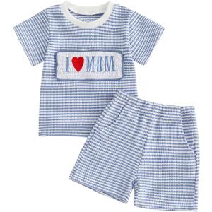 Nibbcoa Toddler Baby Boy Mothers Day Outfit I Love Mom Embroidery Waffle Knit T Shirt Shorts Set Cute Summer Clothes (Blue, 18-24 Months)