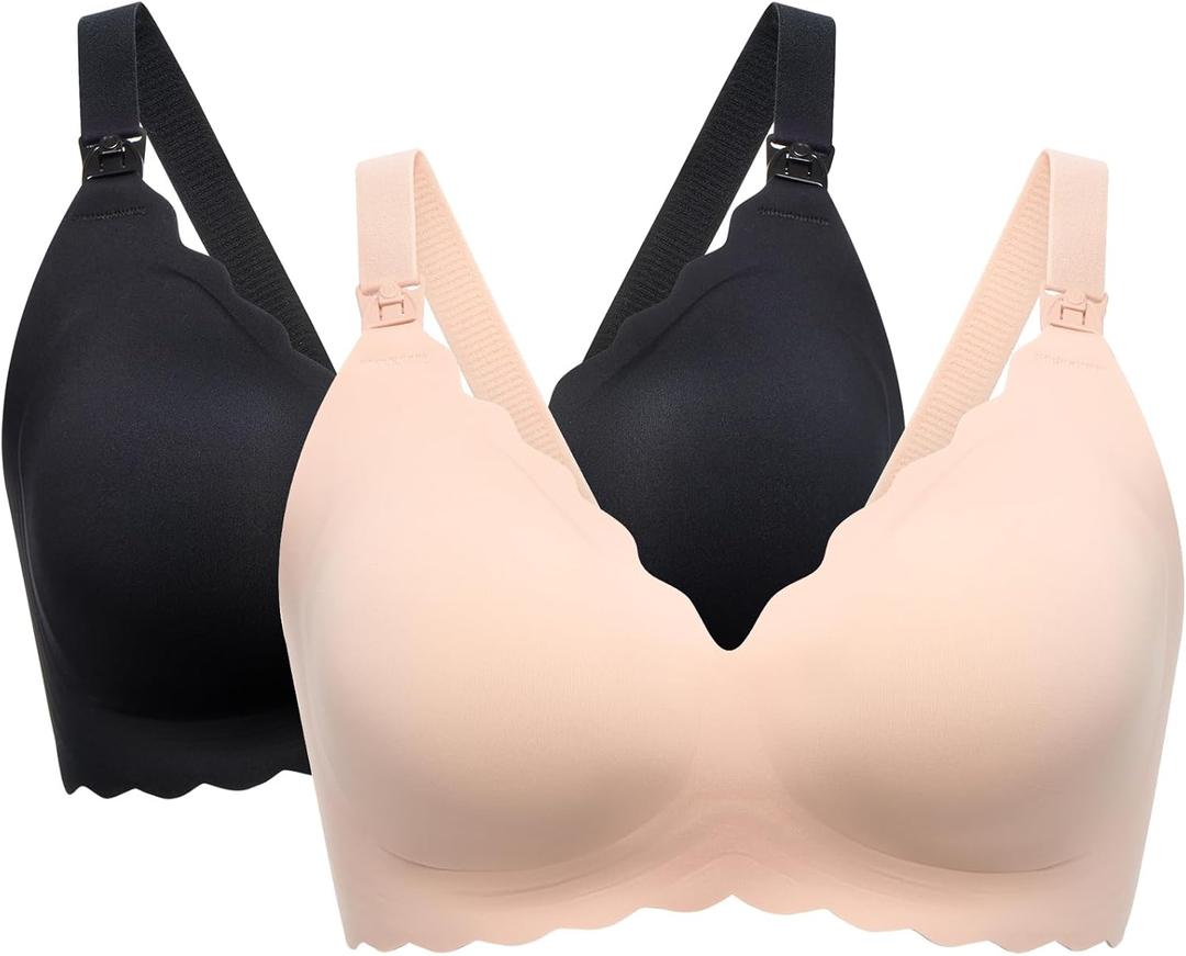 Momcozy Nursing Bras for Breastfeeding, Seamless Pregnancy Maternity Bra Wireless Classic Jelly Strip Support Nursing Bra (Large, 2 Pack-black,oyster Pink)