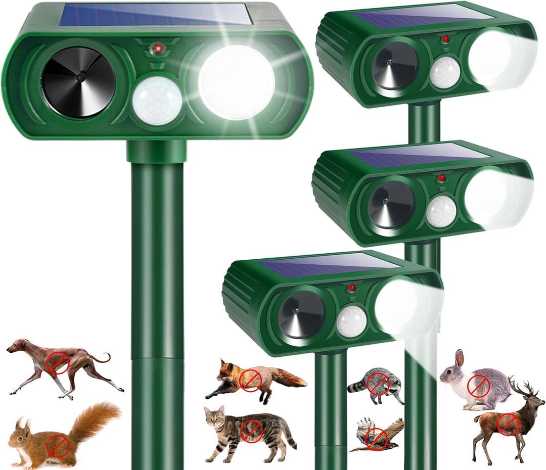 4Pack Sonic Fortress Pro Deer Repellent Devices Cat Squirrel Rabbit Raccoon Fox Deterrent Solar Ultrasonic Animal Repellent Outdoor with Motion Activated Strobe Light for Yard Garden Lawn Protection