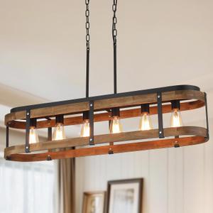 Rustic Farmhouse Wood Kitchen Island Lighting, 6 Lights Rectangular Pendant Light Fixture, Adjustable Rods Oak Wood and Metal Linear Chandelier for Kitchen Island Farmhouse Dining Room, Black