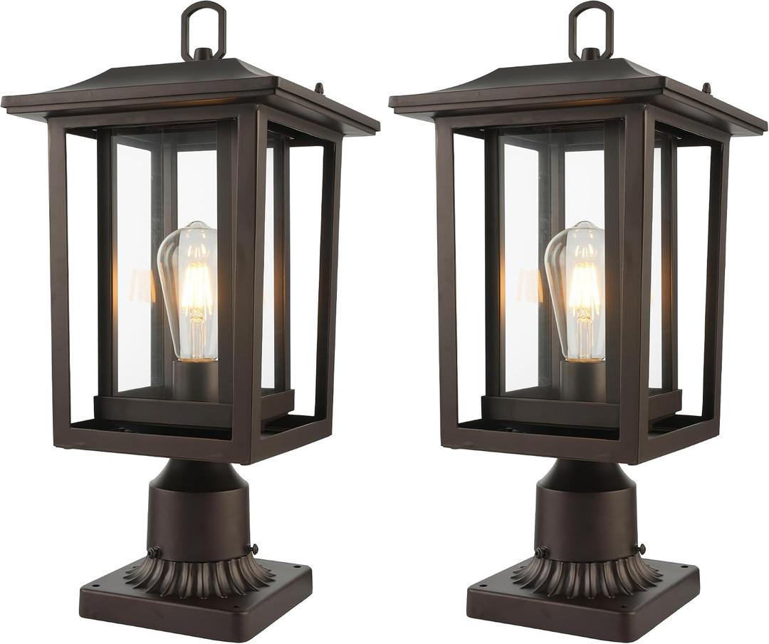 Beionxii Oil Rubbed Bronze Outdoor Post Lights 2 Pack, 19In Lamp Post Light Fixture for Outside with Pier Mount Base, Waterproof Aluminum Housing,ORB Column Mount Light(Hardwired 120V),BXA197-P-2P-ORB, Extra Large