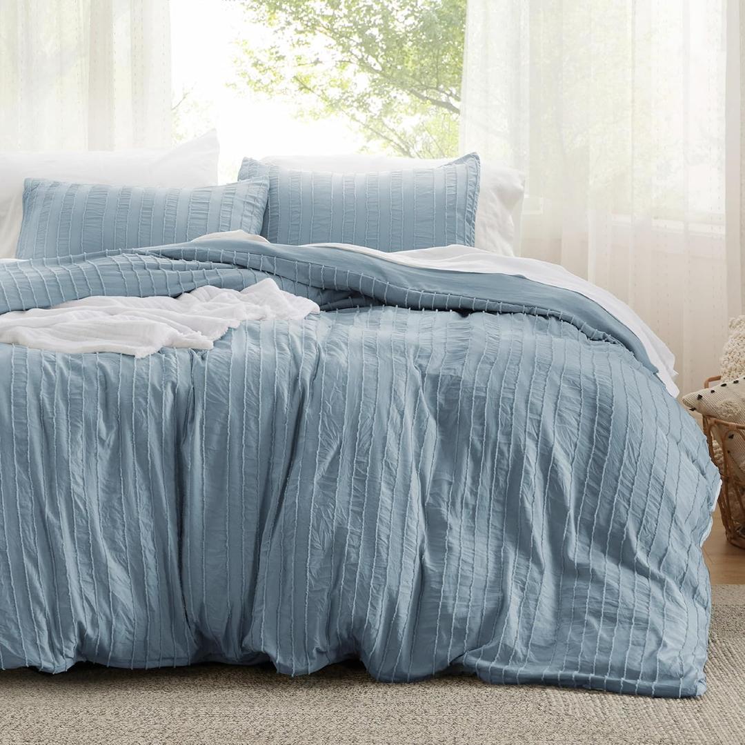 Bedsure Striped Boho Duvet Cover Queen Size - Tufted Boho Bedding Set, 3 Pieces Shabby Chic Home Bedding for All Seasons, Includes 1 Queen Duvet Cover & 2 Pillowcases (Mineral Blue, 90" x 90")