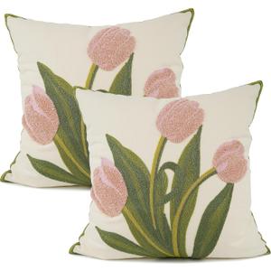 YOUR SMILE Pack of 2 Embroidered Decorative Throw Pillow Cover 18x18 Inch Farmhouse Floral Floor Pillowcase for Couch Living Room Sofa Bed, Pink Tulip