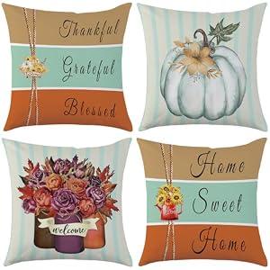 2 x Mimkus Fall Pillow Covers 18 x 18 Inch Set of 4 Thankful Grateful Blessed Harvest Floral Decorations Autumn Seasonal Cushion Cases for Home Décor
