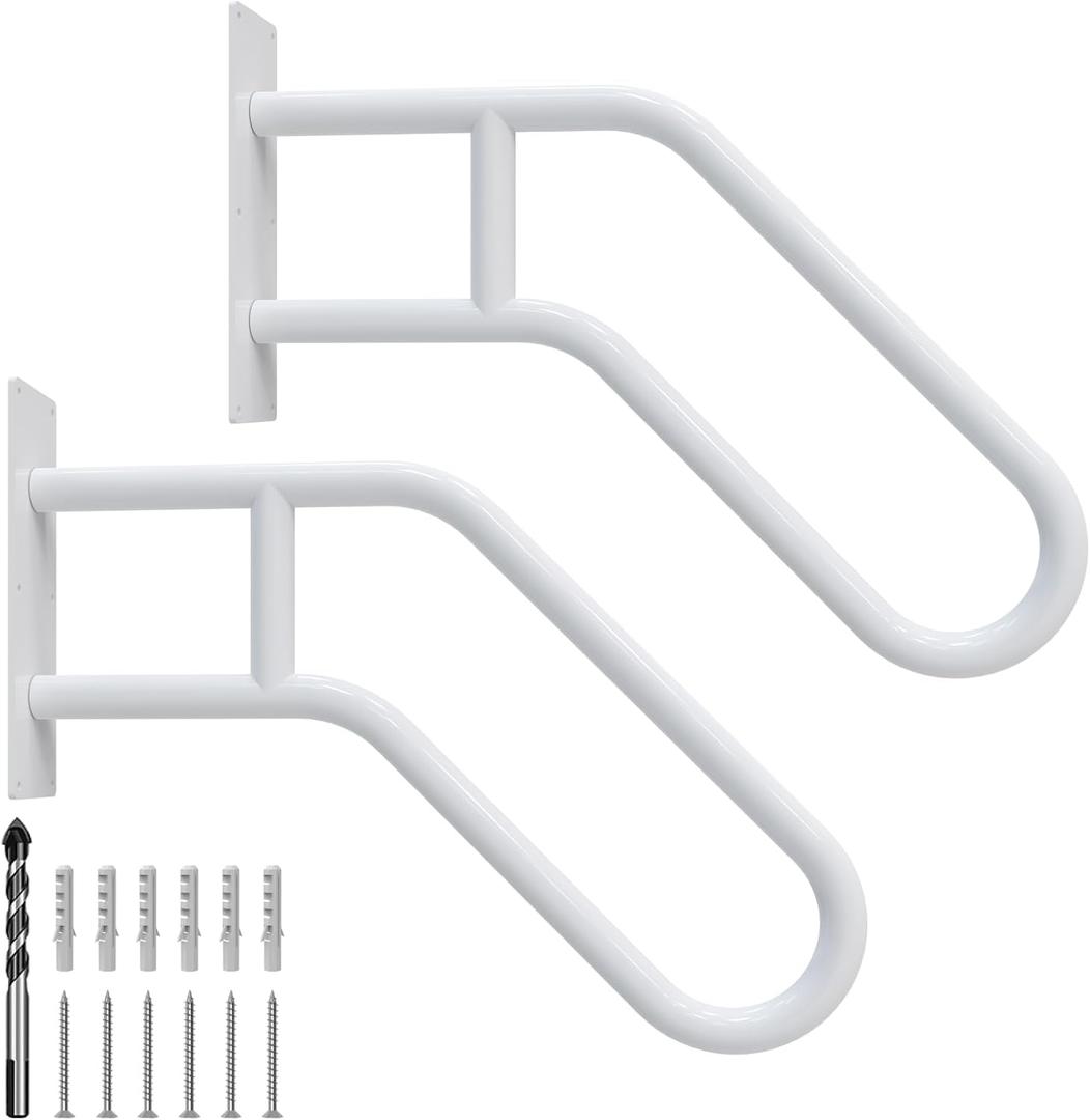 Handrails for Outdoor Steps Wall Mount, Stair Railings for 1-3 Steps, U-Shaped Staircase Handrail for Garage, Porch, Yard and Garden - White, 2 Pack