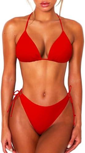 OZICERD 2 Piece Bikini Sets for Women Halter Triangle Bikini Tops Brazilian String Swimsuit Full Coverage Bottom Bathing Suit, Size: Medium