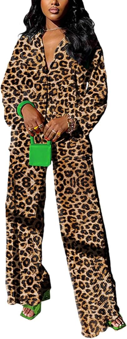 kaimimei Casual 2 Piece Outfit for Women - Linen Long Sleeve Button Down Shirt + Flare Pleated Wide Leg Pants Sets Streetwear (X-Large, Leopard)