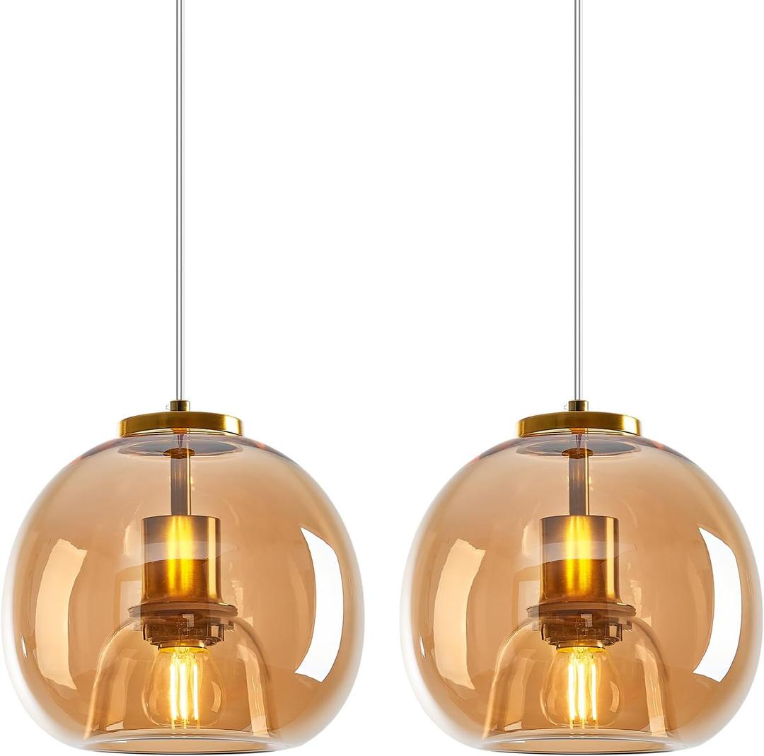 Amber Glass Pendant Lights Kitchen Island Gold Hanging Light Fixture Glass Globe Pendant Light Modern Pendant Lighting for Dining Room Bedroom Kitchen Island (7.87", 2 Pack)