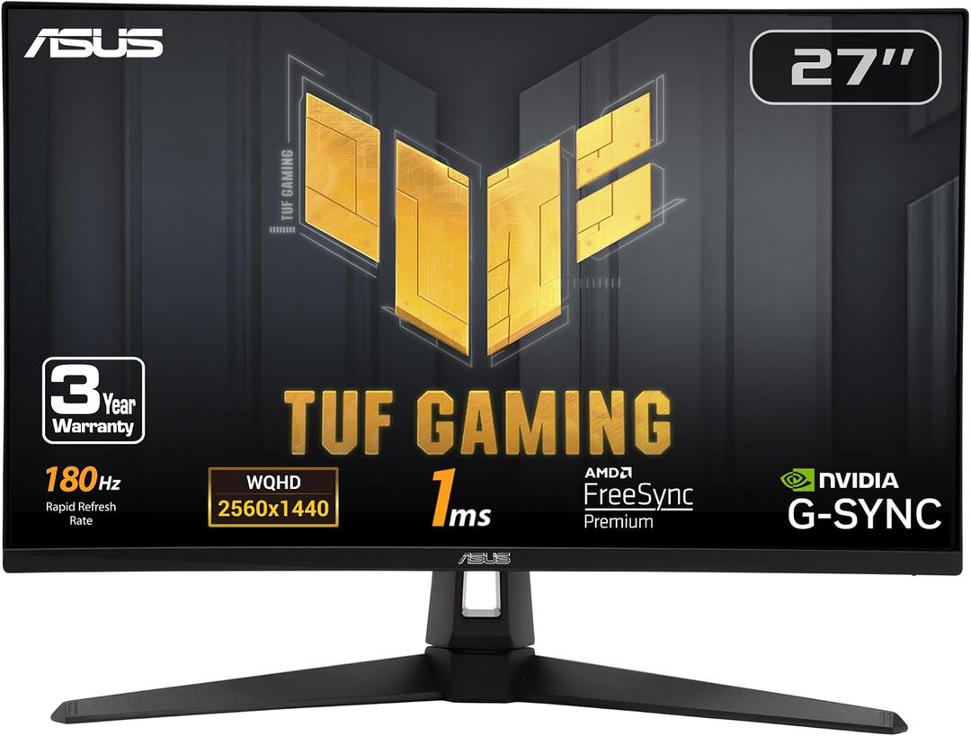 ASUS TUF Gaming 27 1440P HDR Monitor (VG27AQ3A) QHD (2560 x 1440), 180Hz, 1ms, Fast IPS, 130% sRGB, Extreme Low Motion Blur Sync, Speakers, Freesync Premium, G-SYNC Compatible, HDMI, DisplayPort