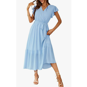 PRETTYGARDEN Women's Summer Floral Boho Dress Wrap V Neck Short Sleeve Ruffle A-Line Flowy Maxi Wedding Guest Dresses (Light Blue X-Large)