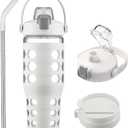 MUKOKO 32 oz Glass Tumbler with Straw, Glass Water Bottles with Time Marker, Iced Coffee Cup with 2 Lids-Handle Spout Lid & Straw Lid, Silicone Sleeve,Leakproof,1 Pack-White