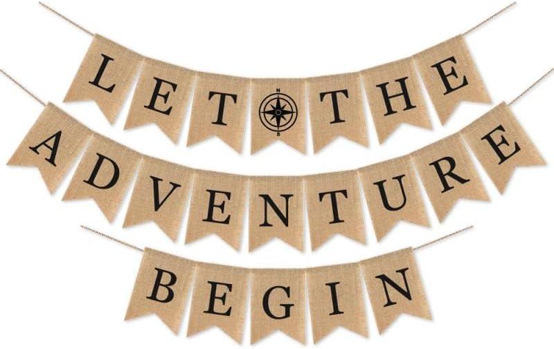 SWYOUN Burlap Let the Adventure Begin Banner Adventure Awaits Travel Themed Party Supplies Baby Shower Graduation Retirement Party Mantle Fireplace Decoration