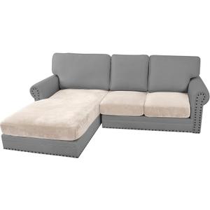 H.VERSAILTEX Velvet Stretch Sectional Couch Covers 3 Pieces Sofa Seat Cushion Covers L Shape Separate Cushion Couch Cover for Both Left/Right Sectional Couch (Large Sofa 2 Seater + 1 Chaise, Ivory)