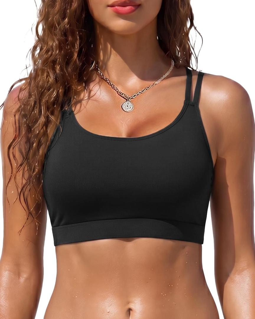 Women Sports Bra Bikini Top - Scoop Neck Criss Cross Back Swim Top Spaghetti Straps Bathing Suit Top Only 2025 (Black, L)