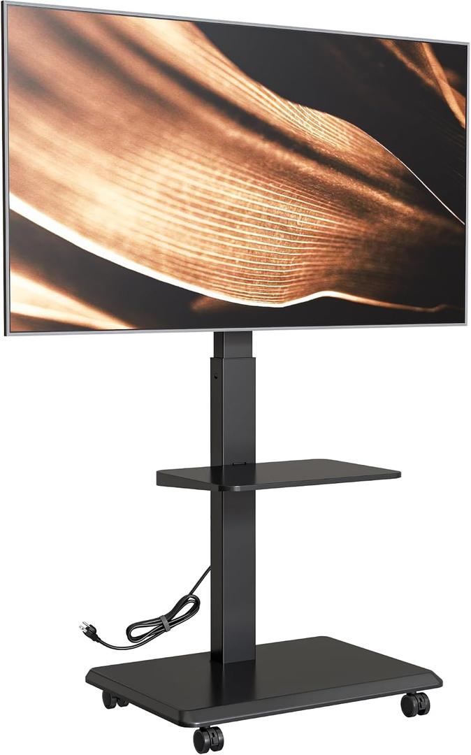Steel Base Rolling TV Stand with Power Outlet for 32-75 inch TVs up to 110 lbs, Leveling & Tilt & Swivel Mobile TV Stand with Hidden Wire Management, Height Adjustable Portable Tv Stand, Black